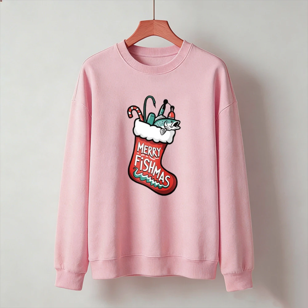 Merry Fishmas Christmas Stocking Fish Graphic Pullover Fishing Tackle Candy Cane Print Long Sleeve Winter Holiday Jumper Gift