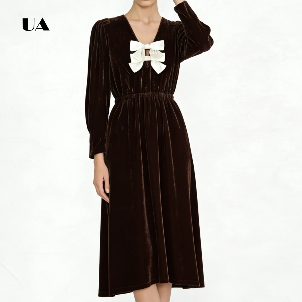 ULBYANRY Elegant Velvet Prom Dress with Lantern Sleeves, Solid Deep V-neck Evening Dress with Satin Bows, Customized Party Gown