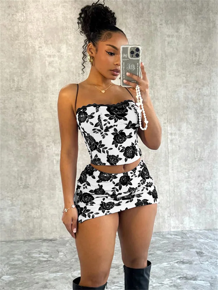 Simenual Fairycore Florals Printed Two Piece Sets Sexy Lace Stitch Straps Tank Top Bodycon Mini Skirt Slim Y2K Co-ord Suit Women