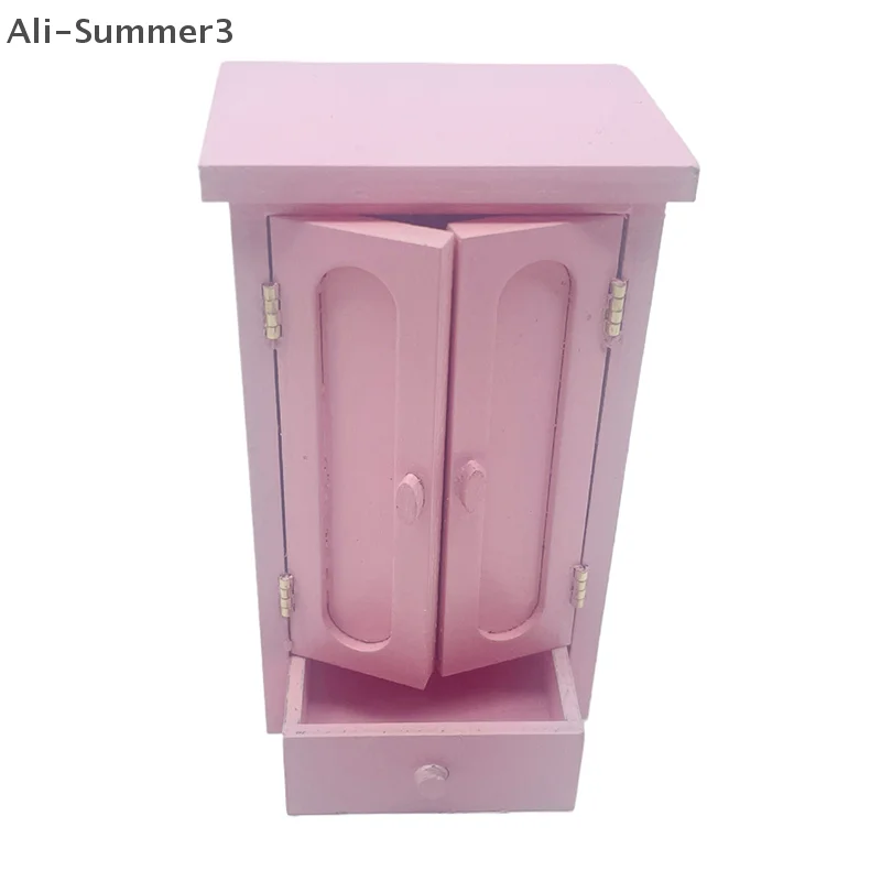 Poppenhuis Slaapkamer Roze Mini Houten Garderobe Model Poppenhuis Miniatuur Meubels Decor DIY Scène Accessoires Speelgoed