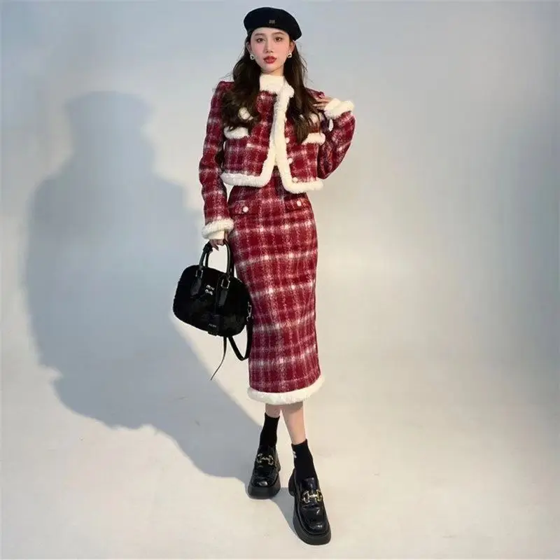 Winter Spring Warm Two Piece Skirt Set Plaid Woolen Jacket Paired with Half Skirt Red Plaid Fur Coat Women with Long Skirt