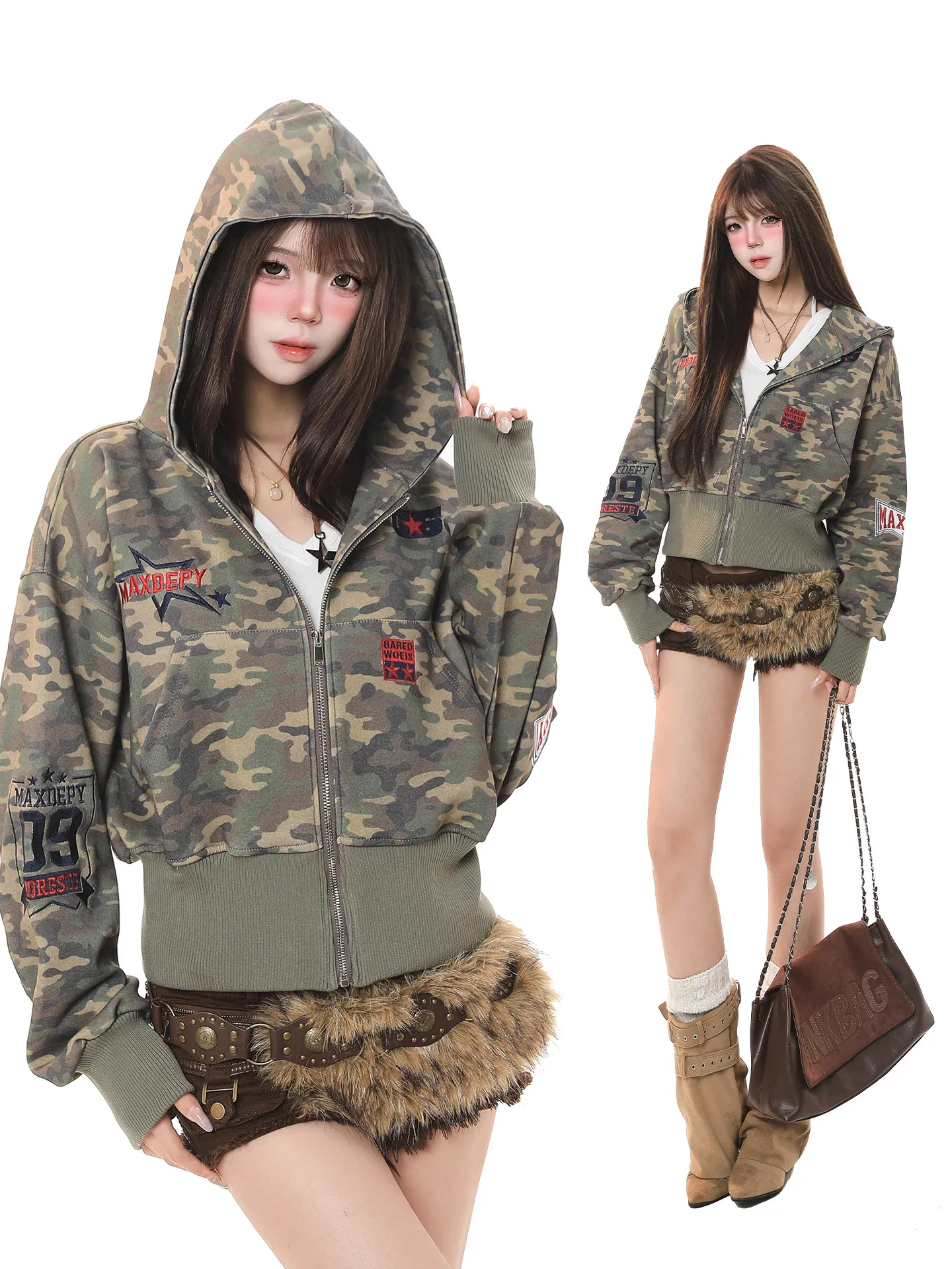 

American Retro Camouflage Hoodie Women's Spring 2026 New High Waist Slim Fit Open Cardigan Short Outerwear Casual Style