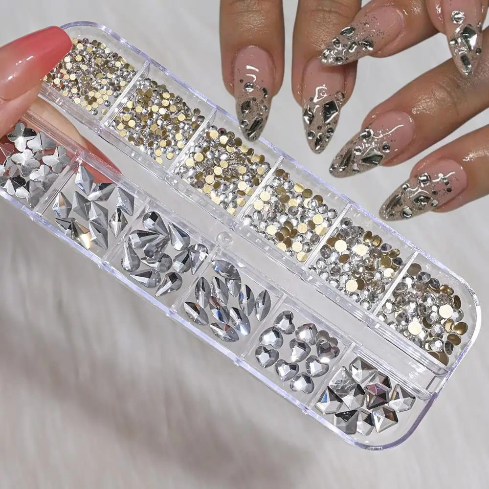 12 Siatek 3D Złote Cyrkonie do Paznokci Mieszane Kształty Okrągłe Serce Kropla Kwadrat Szklane Diamenty Ozdoby do Paznokci DIY Akcesoria do Manicure