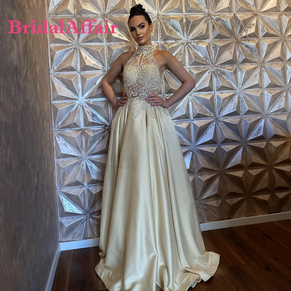 BridalAffair-vestido de noche amarillo con cuello Halter, traje transparente de encaje, bohemio, Espalda descubierta, apliques de línea a, vestidos de celebridades, Dubái