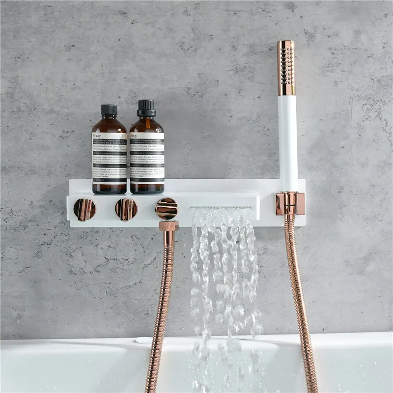 White Rose Gold Soild Brass Bath Bathtub Shower Faucets Set Hot & Cold Mixer Crane Bathroom Taps With Handheld Wall Mounted