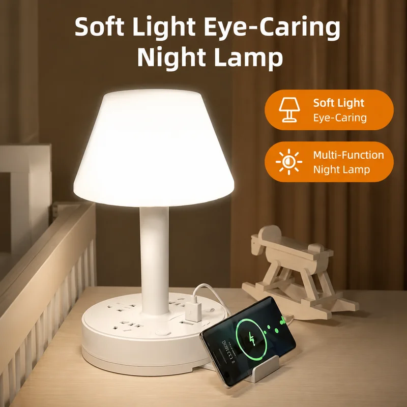 LED Desk Lamp Eye-Care Night Light with USB-C Charging Socket, Dimmable Bedside Study Plug Adapter for Bedroom, Dorm Power Strip