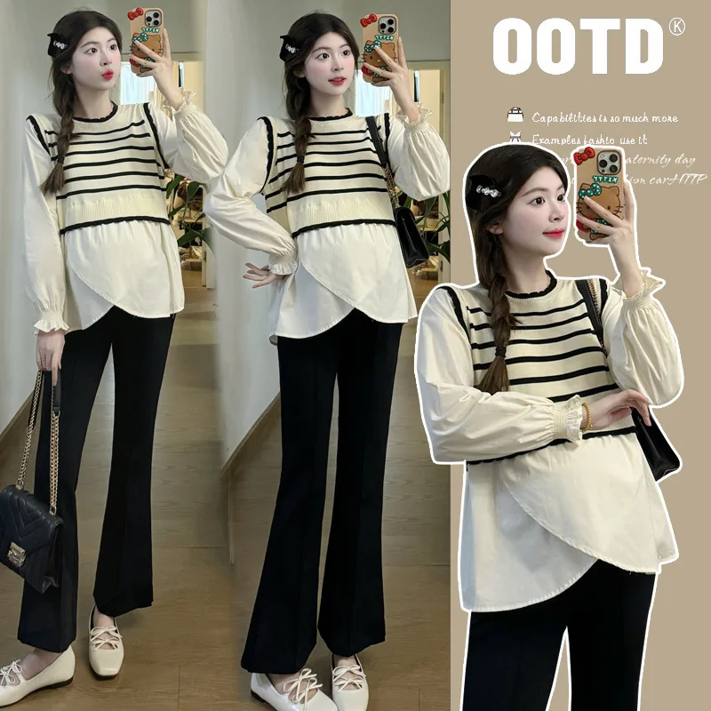 

Новая блузка для беременных 2025 — стильная полосатая рубашка смешанного материала с баской по краю, модный топ для беременных с многослойным эффектом