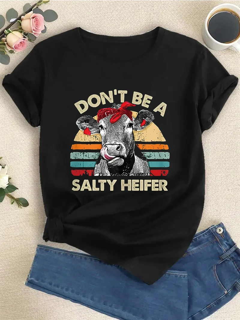 Womens Don\'t Be A Salty Heifer T Shirt Cows Lover Vintage Farm Shirt Summer Fashion Short Sleeve Round Neck Top Women\'s T-shirt