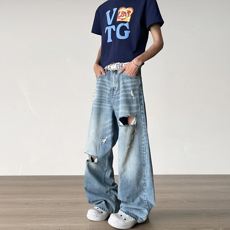

High Street Men's Jeans Vintage Worn-out Holes Design Loose Straight Solid Color Wide Leg Casual Male Denim Trousers