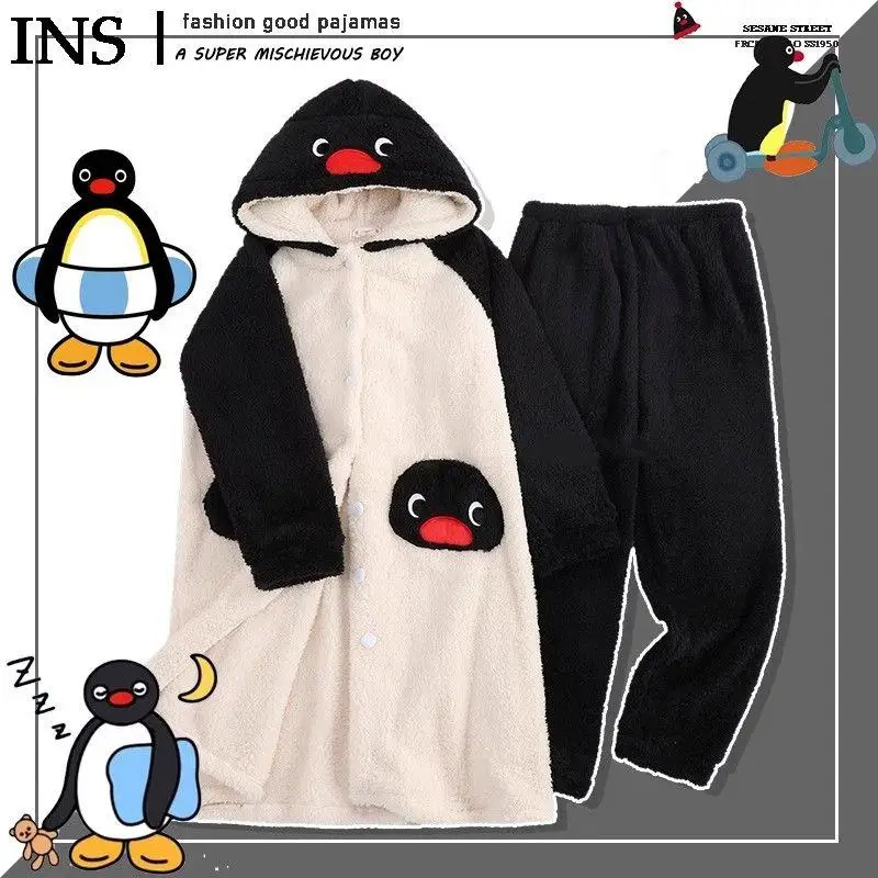 Kawaii Pingu Pajamas for Women Winter Coral Velvet Robe Cute Cartoon Plus Velvet Thickened Home Clothes Set Can Be Worn Outside