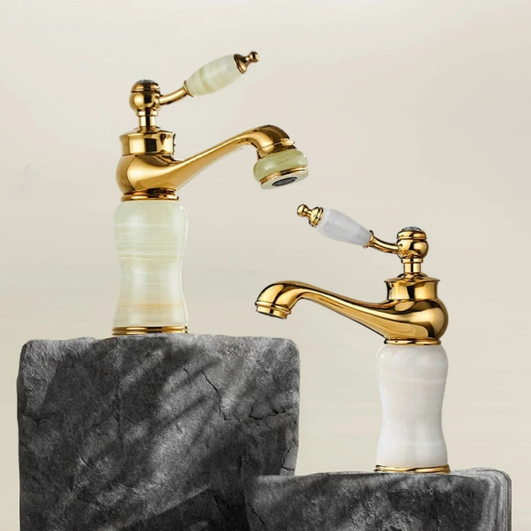 

Tuqiu Bathroom Faucet Brass and Jade Gold Basin Faucet Cold And Hot Lavotory Faucet Water Mixer Sink Tap Deck Mounted Gold Tap