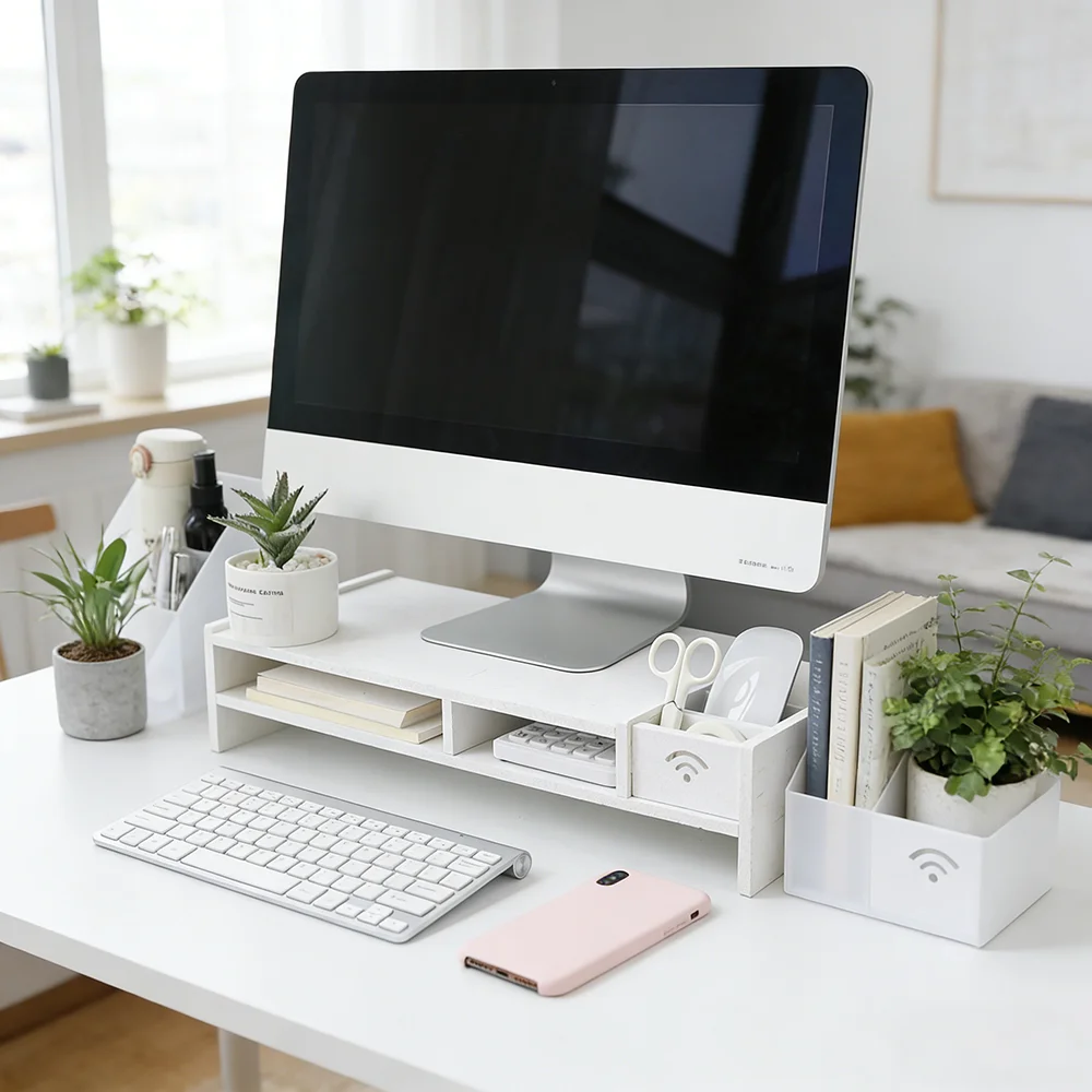 White Monitor Stand Riser with Drawer & Shelf product image