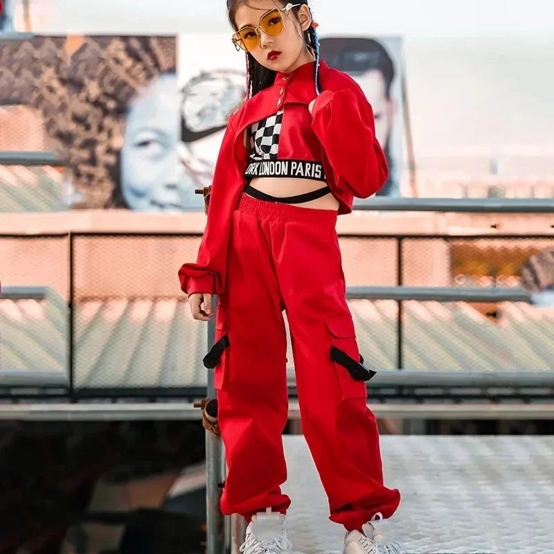 

Hip Hop Red Suit Modern Street Dance Show Performance Clothing 110-180cm 3 Pieces/ Set Girls Jazz Dance Clothes Children