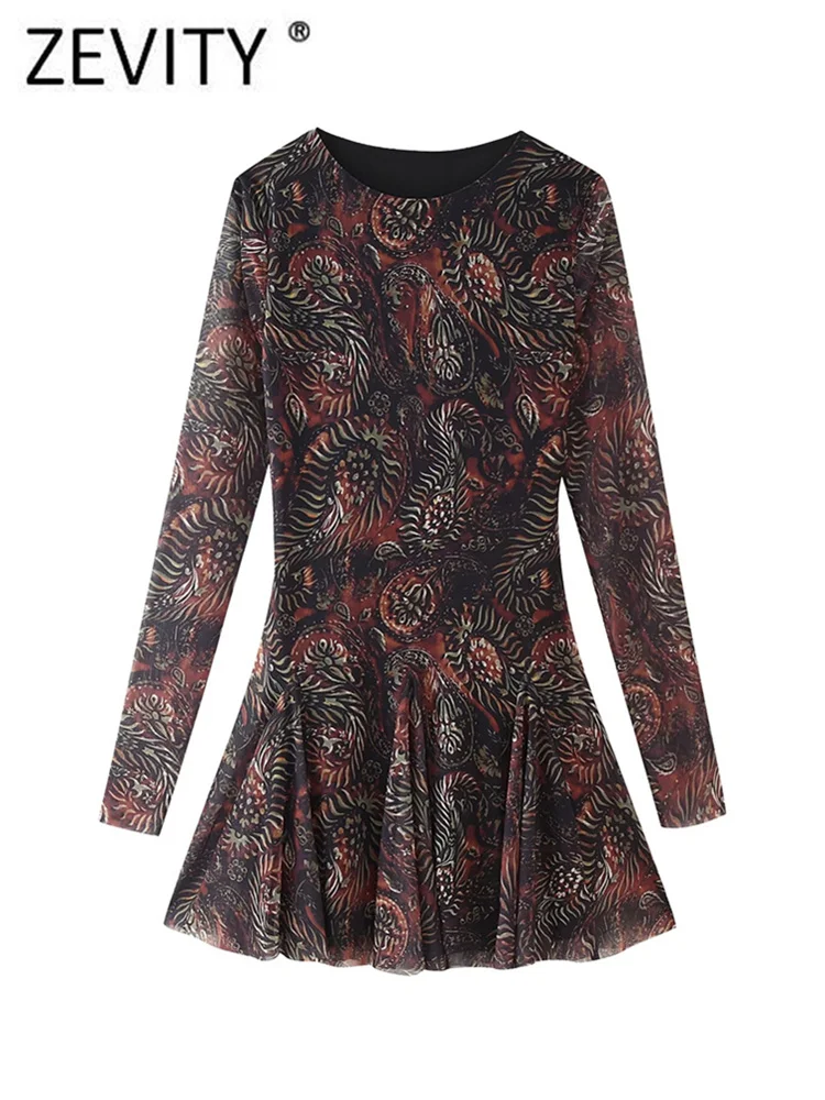 Zevity 2024 Women Vintage Paisley Floral Print Hem Pleats Mesh Mini Dress Female Chic Long Sleeve Slim A Line Vestidos DS7209