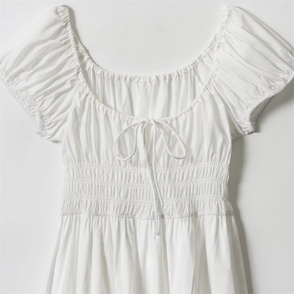 Jesienna nowa kolekcja odzieży damskiej, francuski styl retro, prosty krój, sznurowana, z krótkim rękawem, jednolita, z elastyczną talią, długa sukienka.