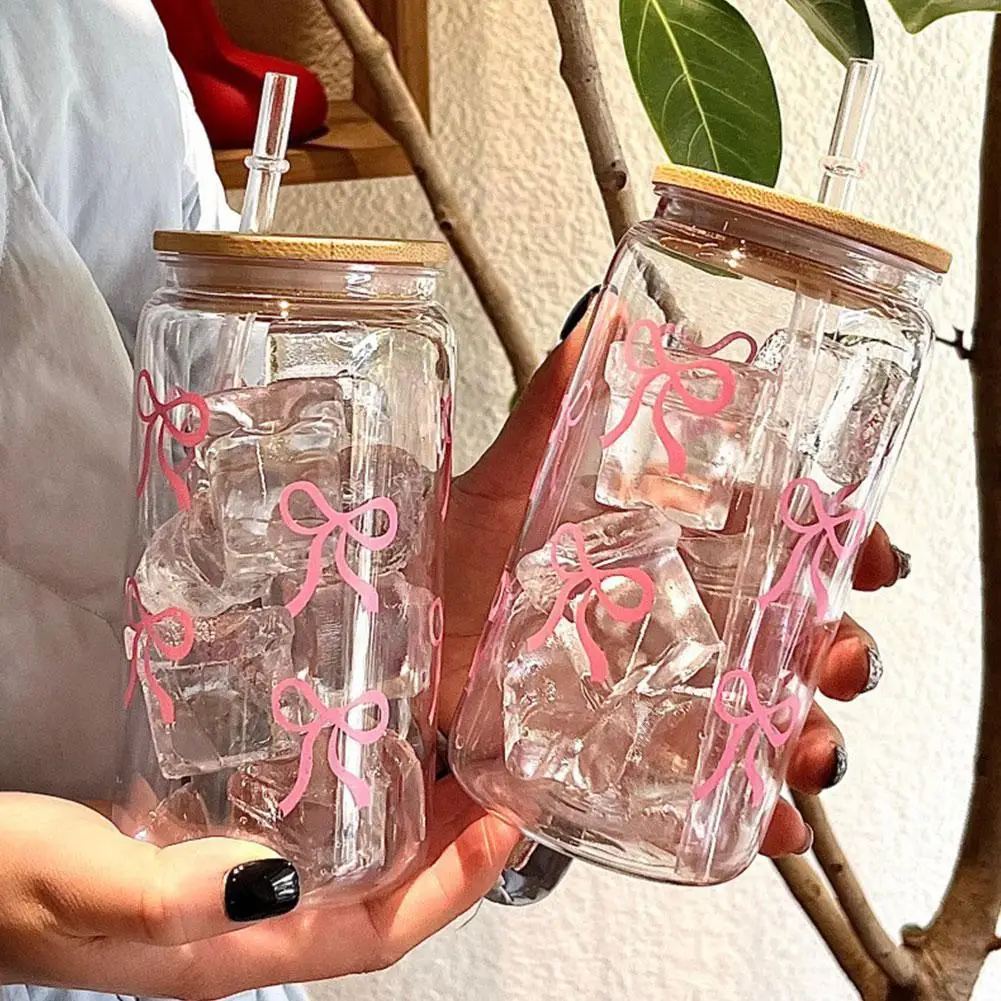 Vaso de vidrio transparente de 16oz, pegatina de flor con lazo rosa, taza de jugo para bebidas, adecuada para bebidas frías y calientes en verano