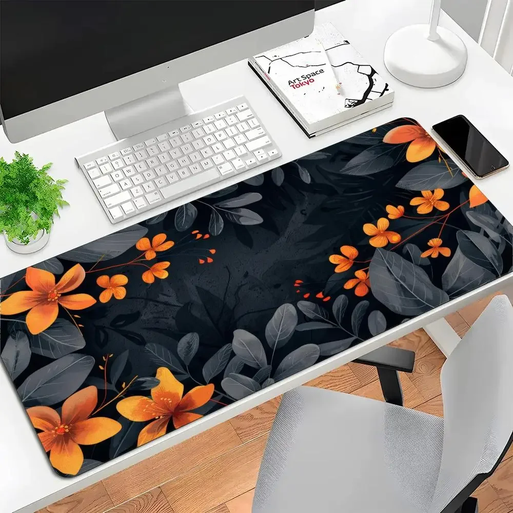 Black Background Red Yellow Hibiscus Mouse Pads Oil Painting Tropical Plant Keyboard Mat For Gaming