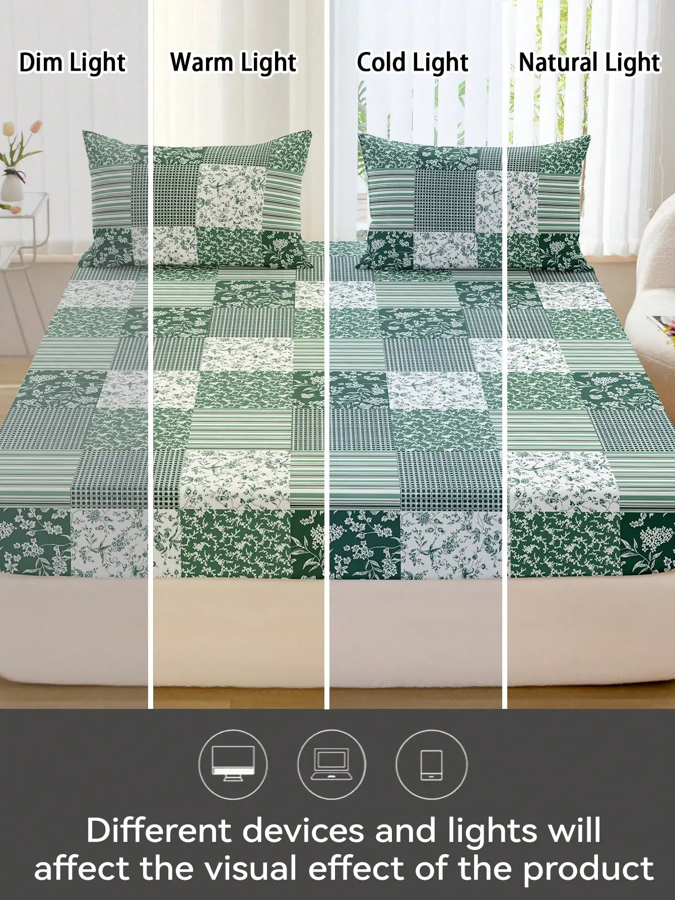 3PCS Floral Fitted Sheet Set Green And White Color Modern Check Pattern Flat Sheet With 2Pillowcases Deep Pocket Room Decoration