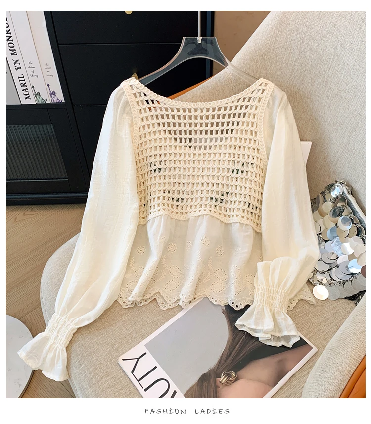 Top de ganchillo para mujer, blusa de punto abierta con bordado Floral y ojal, manga abombada, traje de vacaciones bohemio para primavera y verano