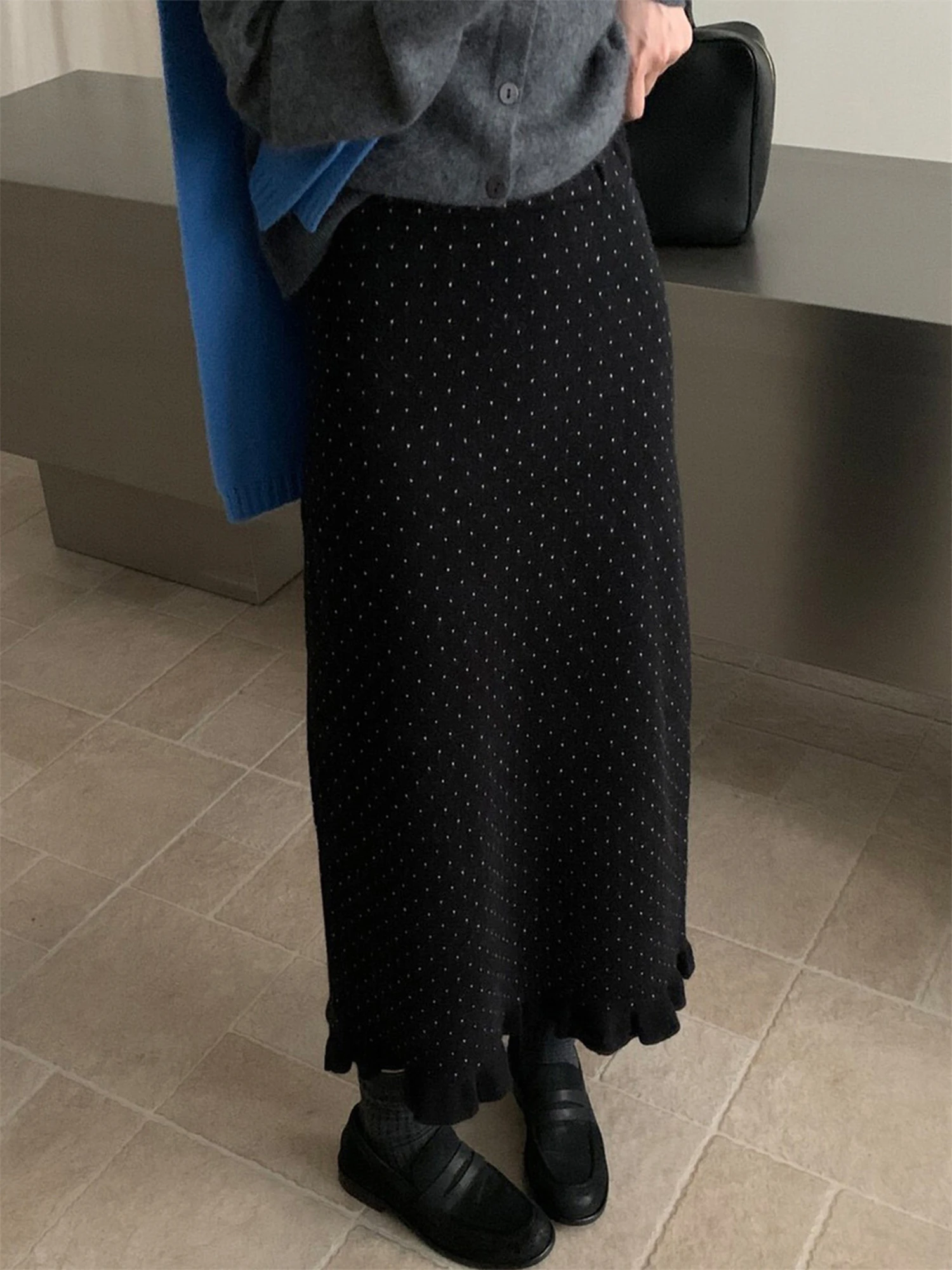 Autumn Winter Knitted Polka Dot Half Skirt Women's High Waist A-Line Long Dress City Commute Vintage Style Back Slit Straight...