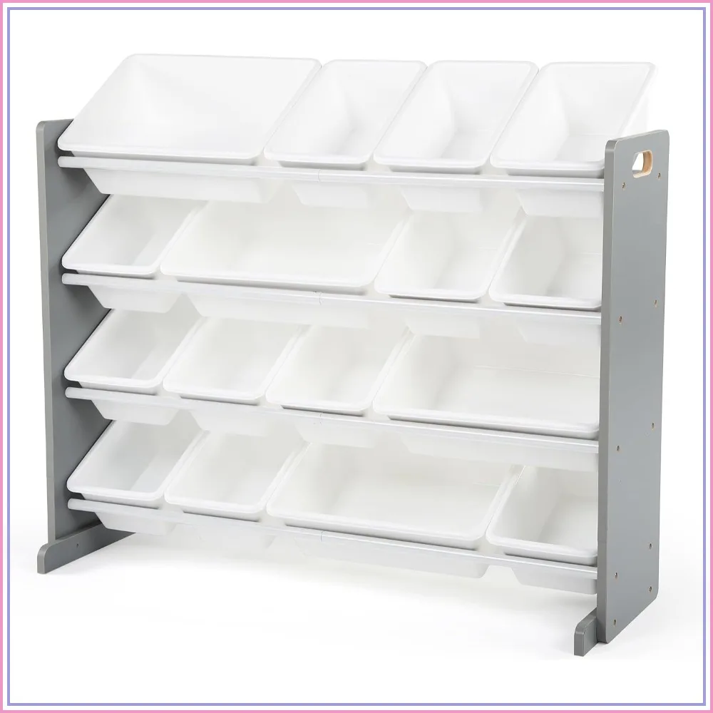 Organizador de Brinquedos de 4 Camadas com 16 Caixas Removíveis, Cinza/Branco, para Quarto de Crianças