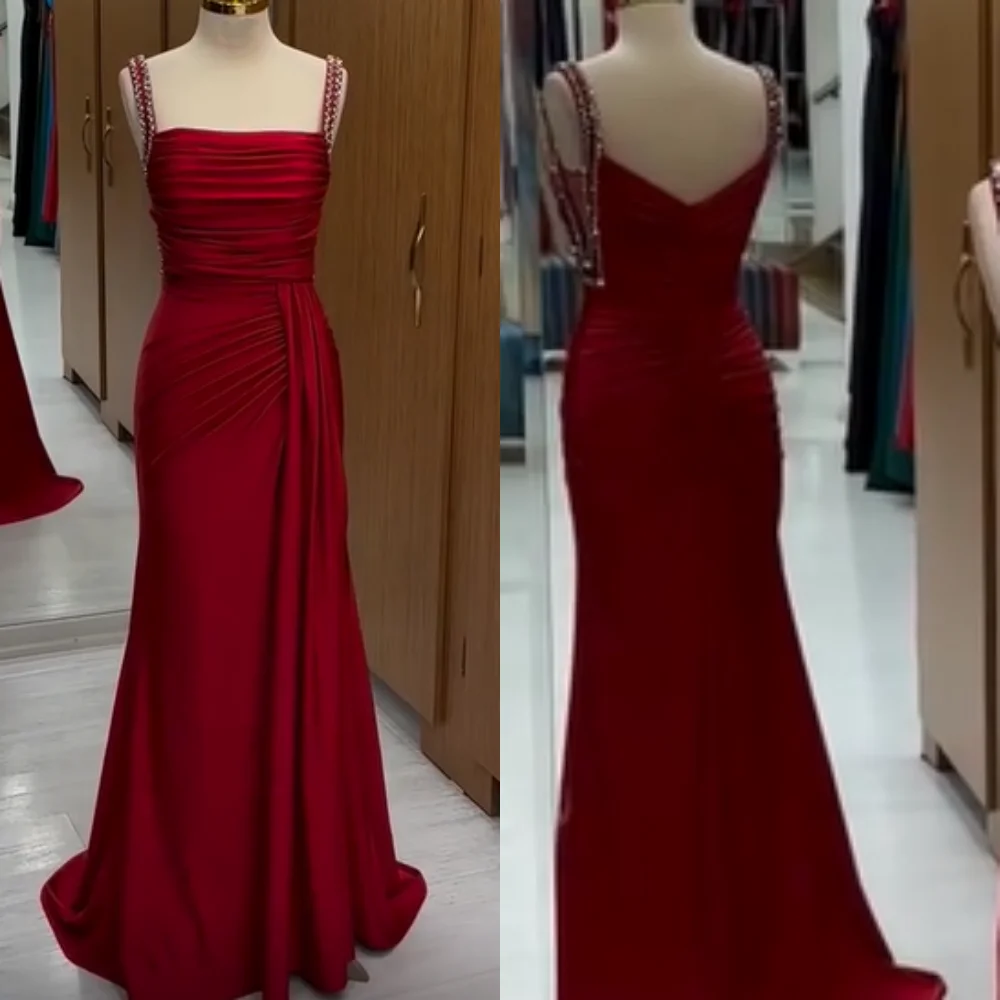 

Customized High Quality Exquisite Charmeuse Beading Pleat Column Spaghetti strap Long Dresses Bespoke Occasion Dresses Fashion