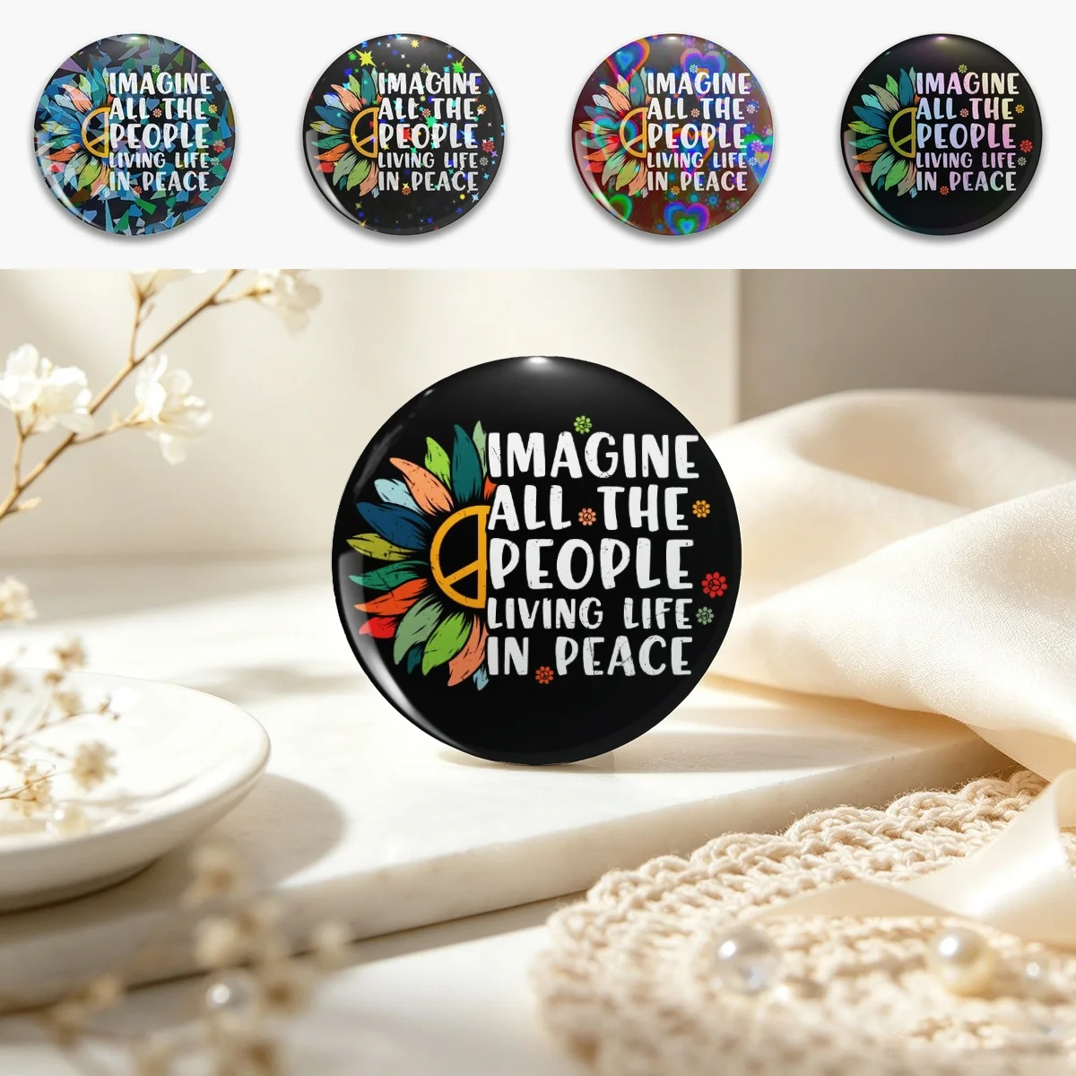 Imagine All the People Living Life in Peace Pin Holographic Star Heart Pin Brooches Laminated Button Fashion Accessory