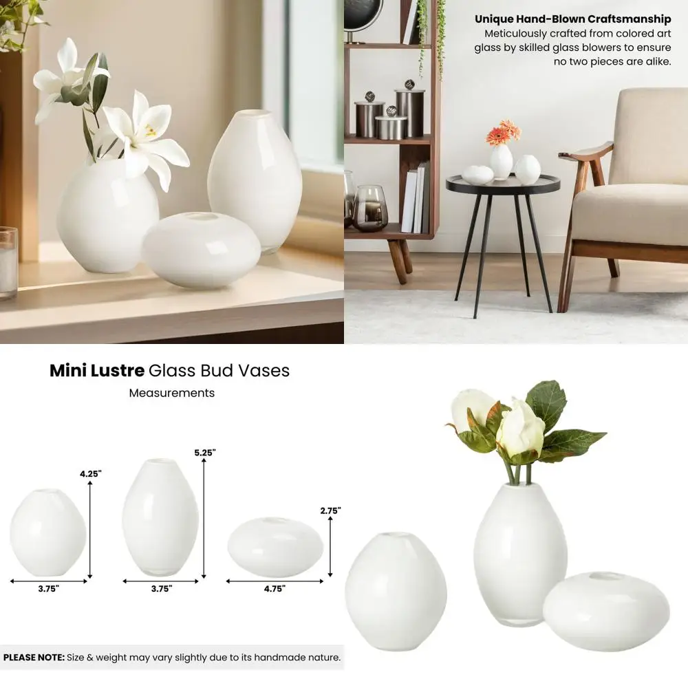 

Набор из 3 ваз из белого стекла ручной работы – декоративные вазы из молочного стекла для дома и свадебного декора (миниатюрные, с эффектом сияния)