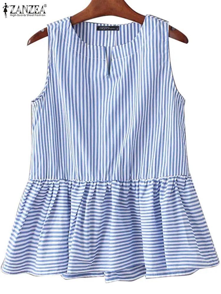 ZANZEA Korean Sleeveless Tanks Women Stripe Patchwork Camis Tunic 2024 Summer V-neck Pleated Tank Tops Holiday Loose Sweety Vest