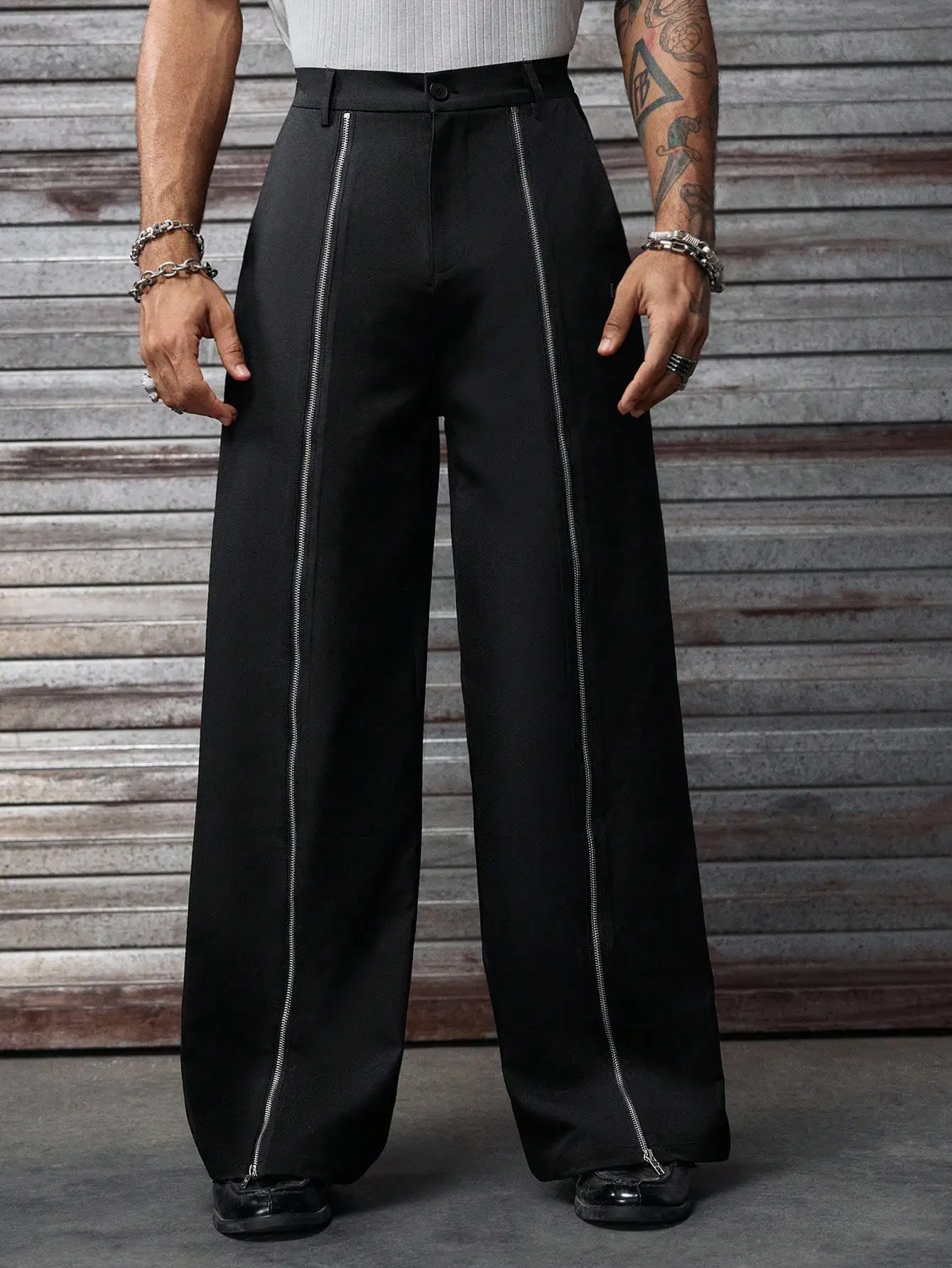 Spring/Summer Men Solid Woven High Waist Wide Leg Pants Zipper Detail Daily Wear Trousers
