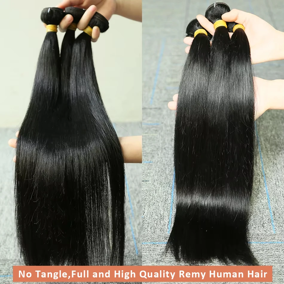 100% Natural Extensions Hair Straight Human Hair Bundles Deal Brazilian Remy Hair 24 26 28 30 Inch Lace Closure For Black Women