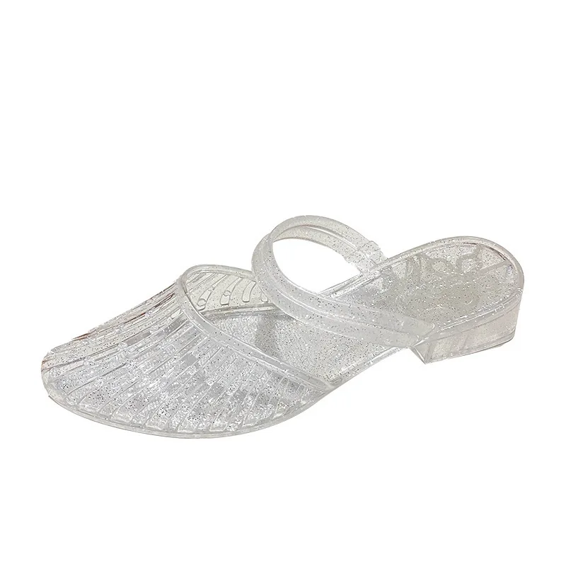 Summer Women Sexy Transparent Jelly Mules Double Strap Clear Soft Flat Outdoor Beach Party Sandals