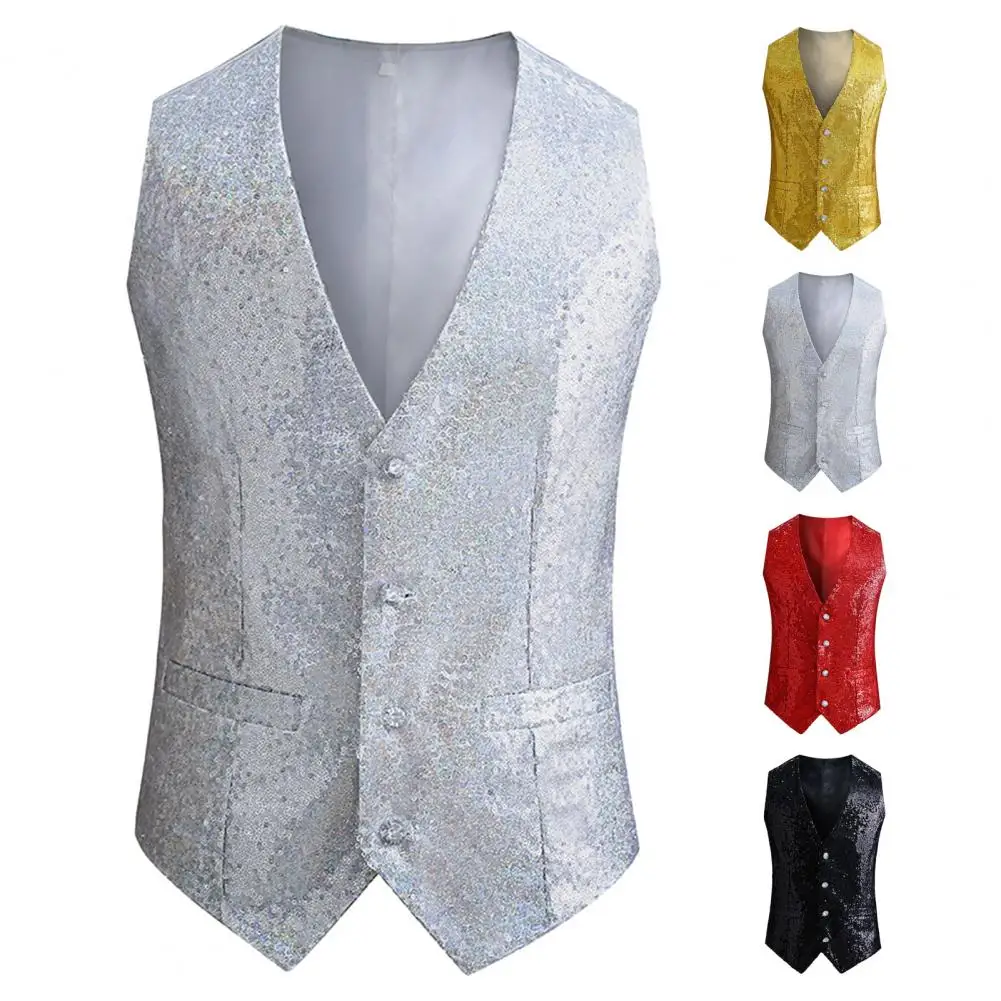 

Vest Sequin Slim Fit Men Vest with Adjustable Back Buckle for Stage Show Emcee Performance Shiny Single-breasted V Neck Cardigan