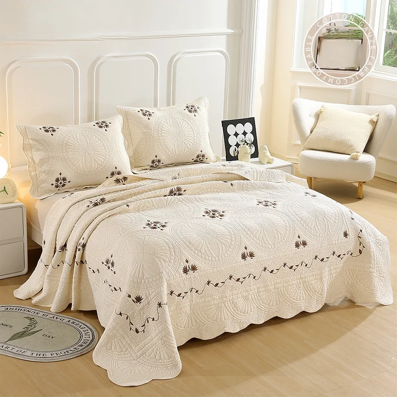 

Heavyweight Brushed Quilt Set 3pcs, Vintage Embroidered Cotton Bedspread & Coverlet, Reversible Soft Bed Blanket for Home Decor