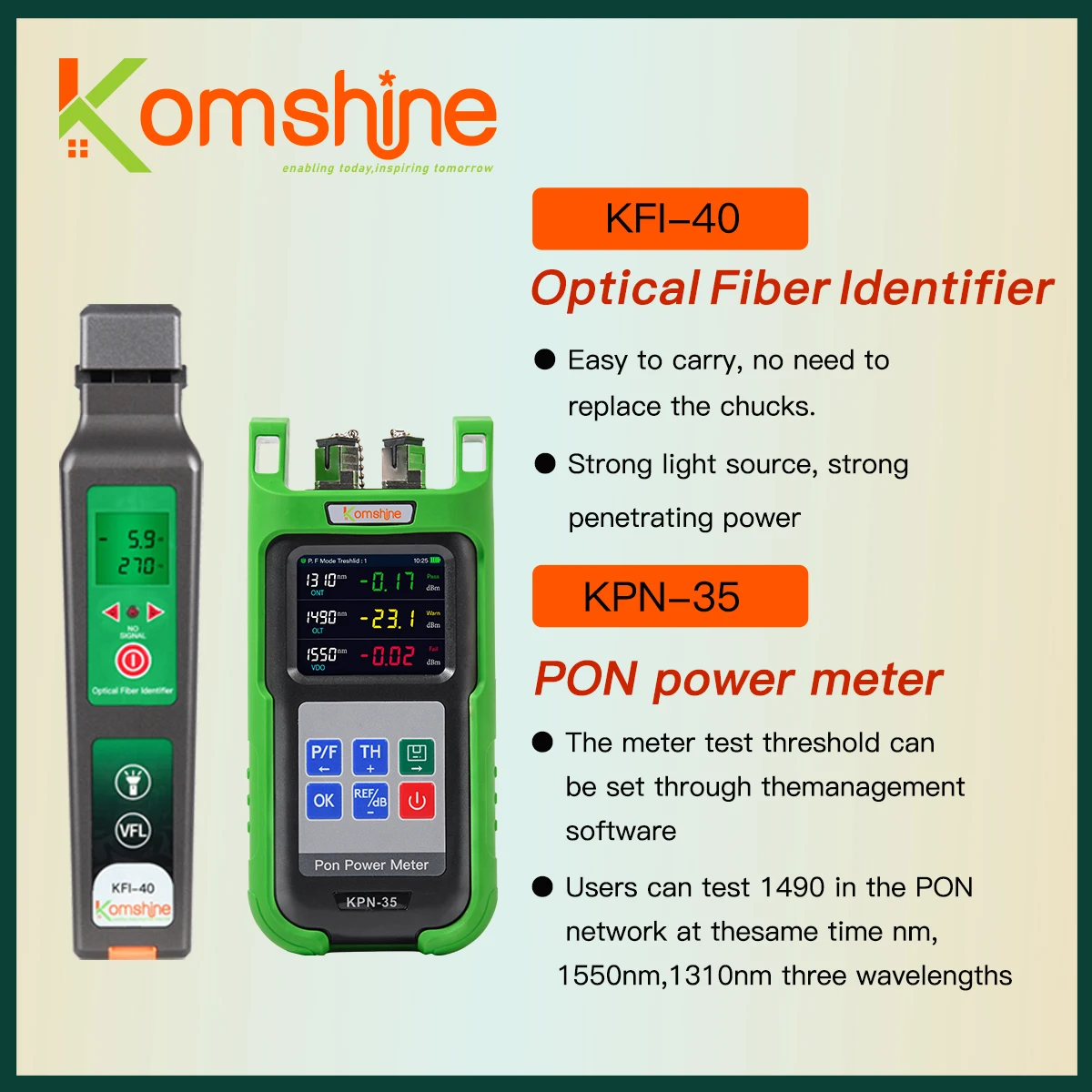 

KomShine KPN-35 PON Power Meter 1310nm/1490nm/1550nm. 10mw VFL Built in KFI-40V Fiber Identifier Fiber Detector