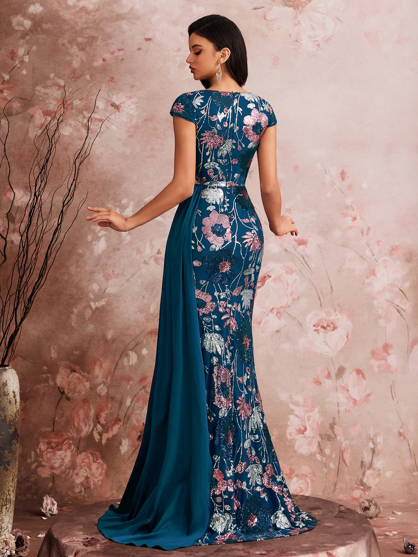 Middle East European and American plus Size Elegant Sequin Stitching Fit Cocktail Party Dinner Dress Mom Dress