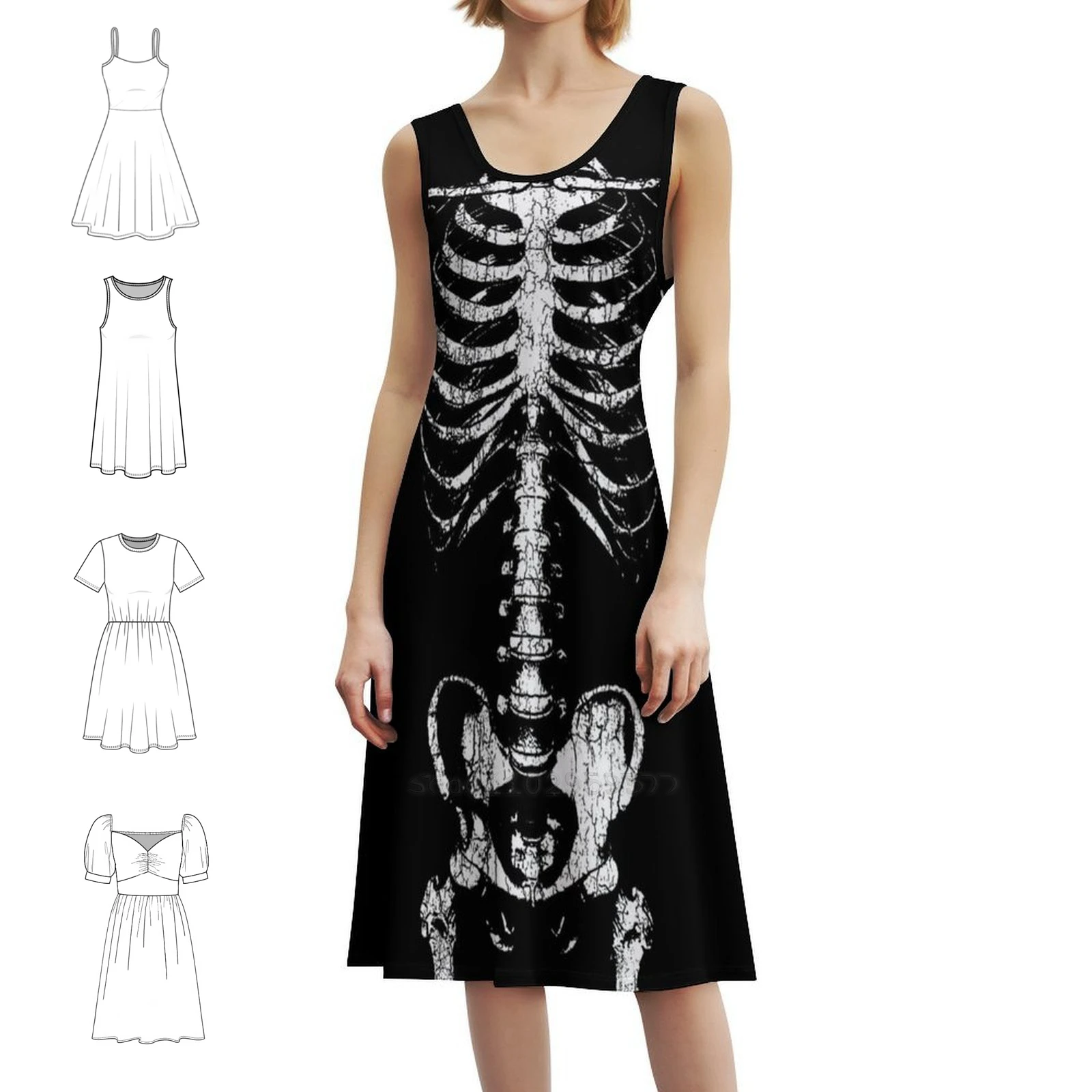 قطع الأضلاع الجزء 2 فستان بوهيمي عتيق بأكمام منتفخة أو خيارات بدون أكمام للنساء فستان عظام أضلاع هيكل عظمي قوطي قوطي