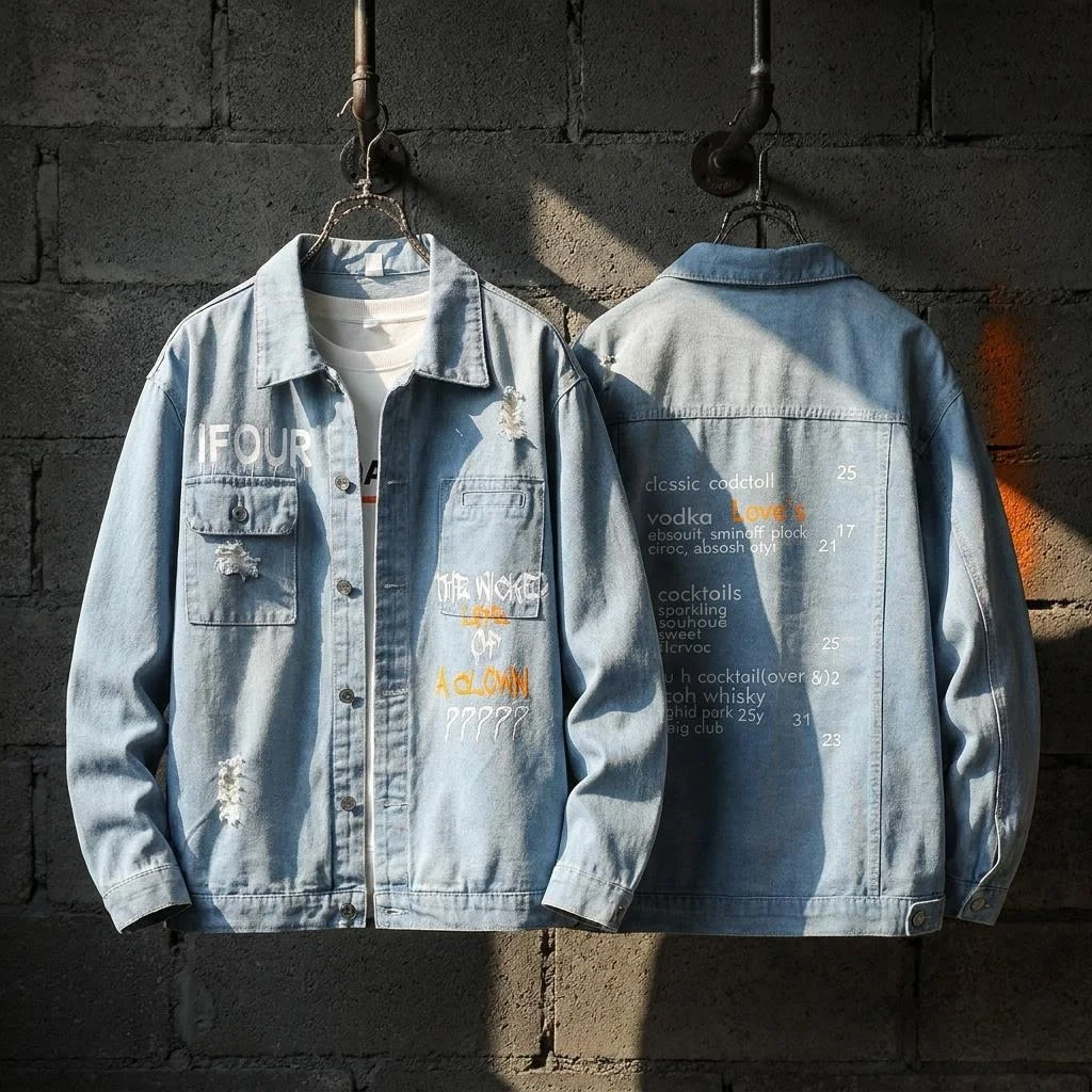 2026 New Men Printed Denim Jacket Spring Autumn Trendy Versatile Long Sleeve Jean Coat Casual Outerwear