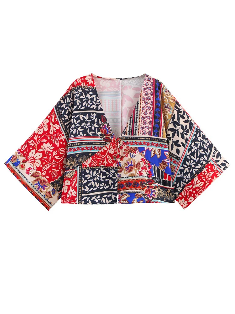 

ZAJIA2025 new women's clothing European and American style patchwork print holiday style wide sleeves V-neck
