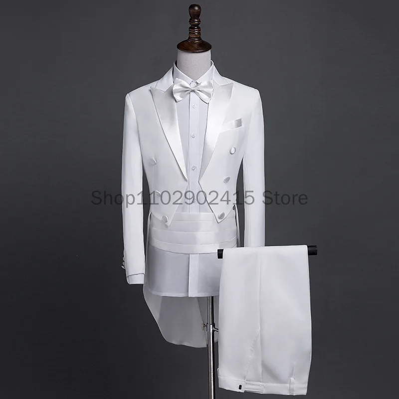 2023 Medieval Mens Classic Black White Shiny Lapel Tail Coat Tuxedo Wedding Groom Stage Singer Cosplay Suits 4 Pcs Set