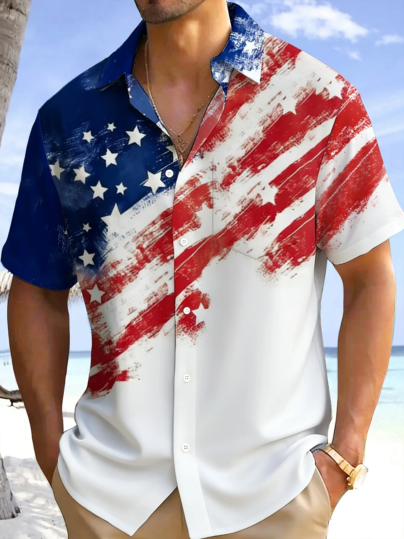Summer Tropical Print Hawaiian Shirt For Men High Street Style Casual Tshirt Lightweight Soft Holiday Beach Tops