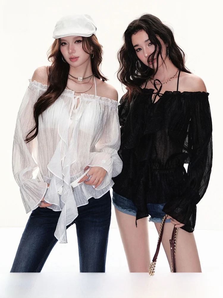 

Женская блузка ANDYET AD с одним открытым плечом, свободного кроя, с длинным рукавом, дышащая, с прозрачным дизайном, для повседневной носки и поездок на работу