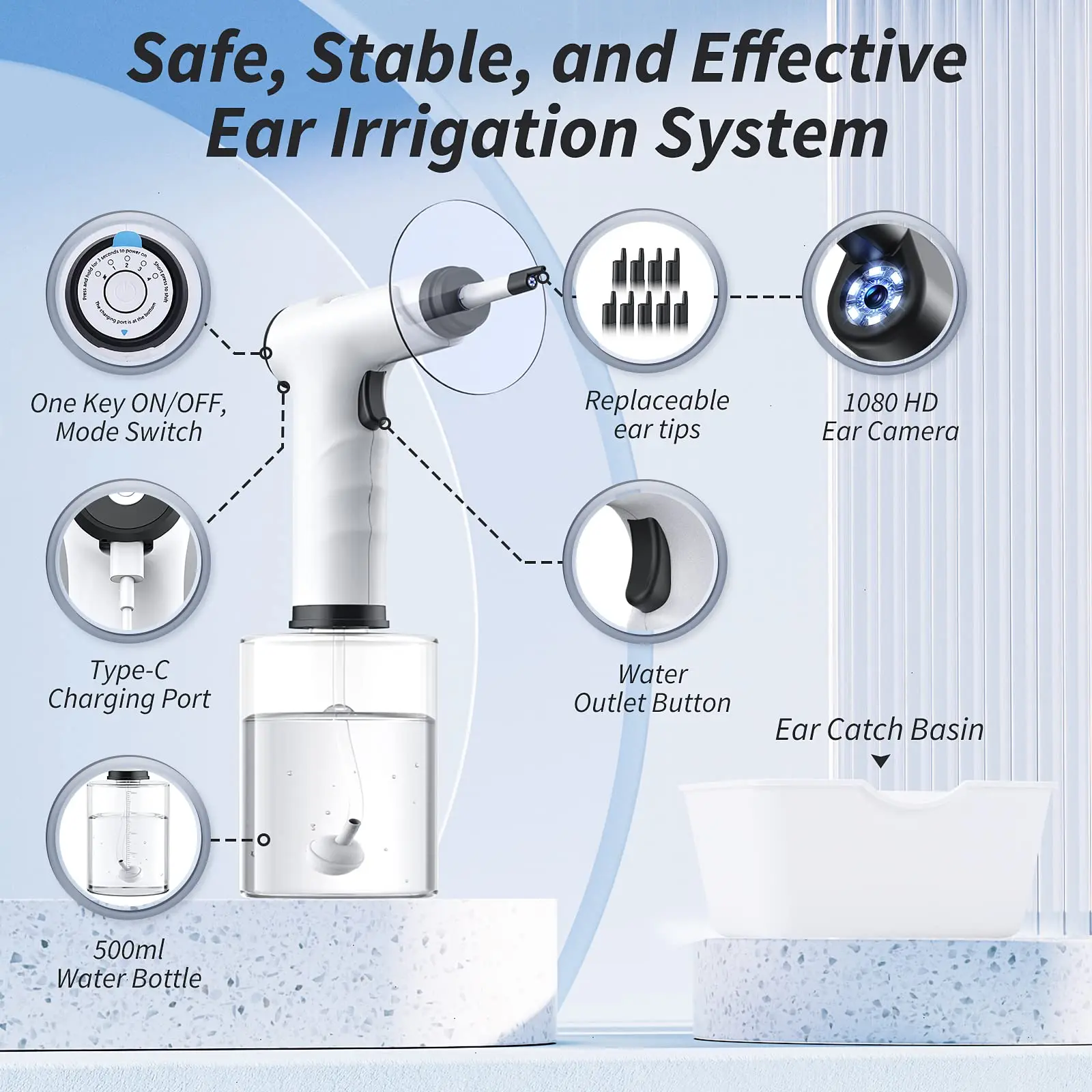 Ear Wax Removal - Ear Cleaner with Camera and Light - Ear Irrigation Kit with 4 Pressure Modes - Ear Camera for iOS & Android