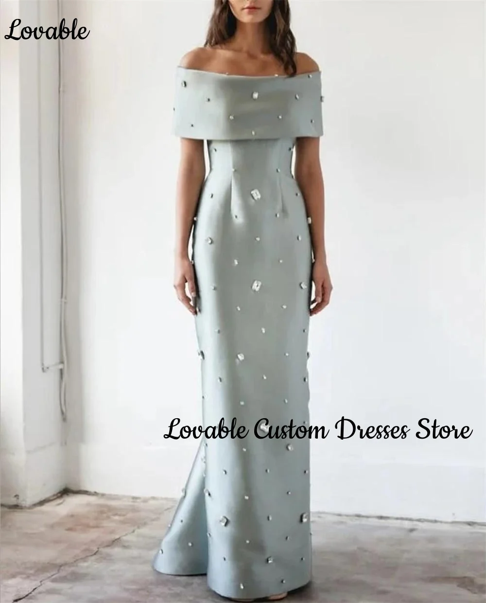 Aangepaste prom jurken 2025 kolom off-the-shoulder halslijn vloer-lengte rits up kralenjurk korte mouwen jurk dames elegant