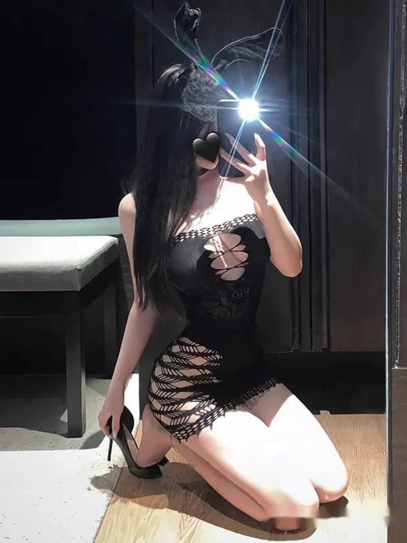 

Sexy Hip Hugging Tank Mini Dress Thin Mesh Lace Sheer Pure Desire Hollow Mesh Uniform Couple Sleeping Clothes Dress Elegant PD5Y