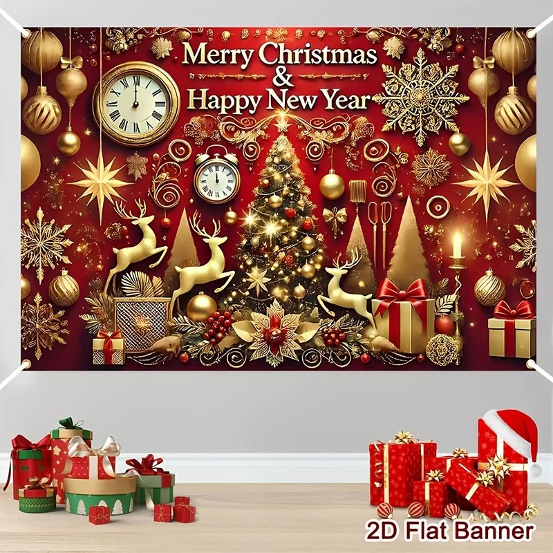 2D Flat, 1pc /Golden Reindeer Vintage Clock Xmas Tree Banner - Christmas & New Year Photo Booth Backdrop Suitable for Garden Par