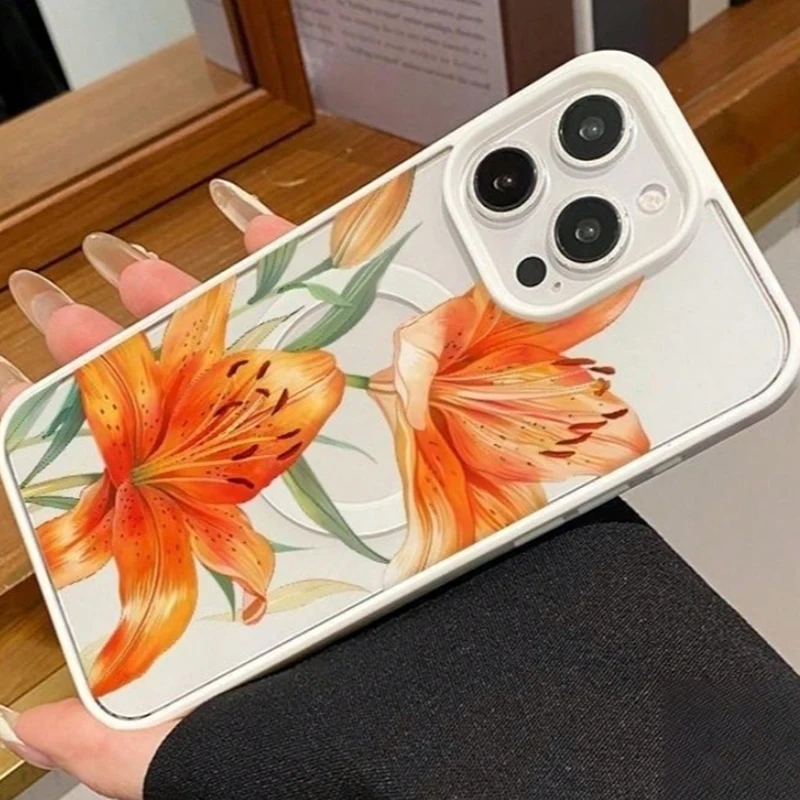 Orange Lily-Patterned Magnetic Case For iPhone 17 11 16 15 14 13 12 Pro Max Plus Air 17E 16E For Magsafe Wireless Charging Cover - view 3
