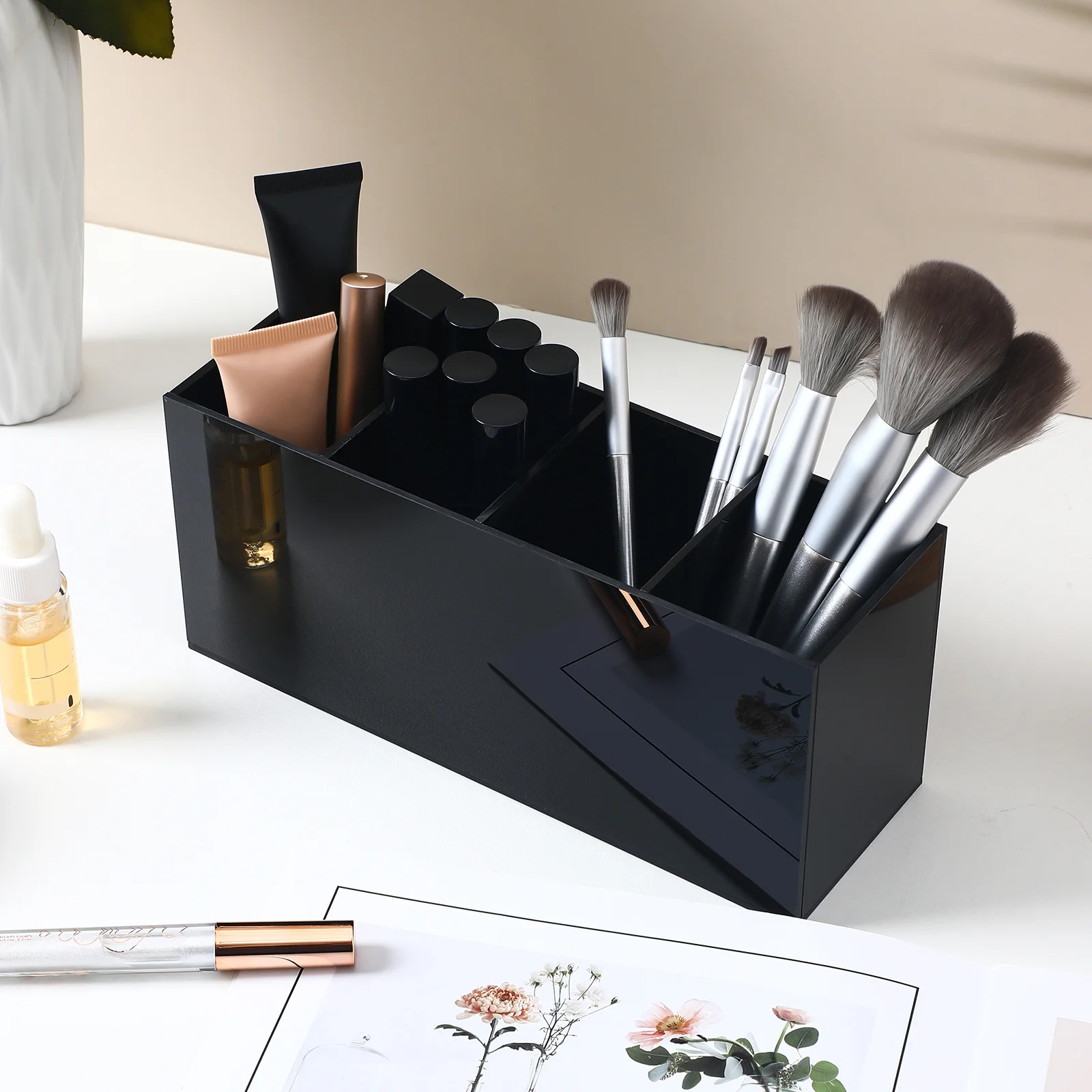 

Acrylic Pen Holder Four Compartments Compact Desktop Organizer Pencil Makeup Brush Stationery Storage Office Supplies