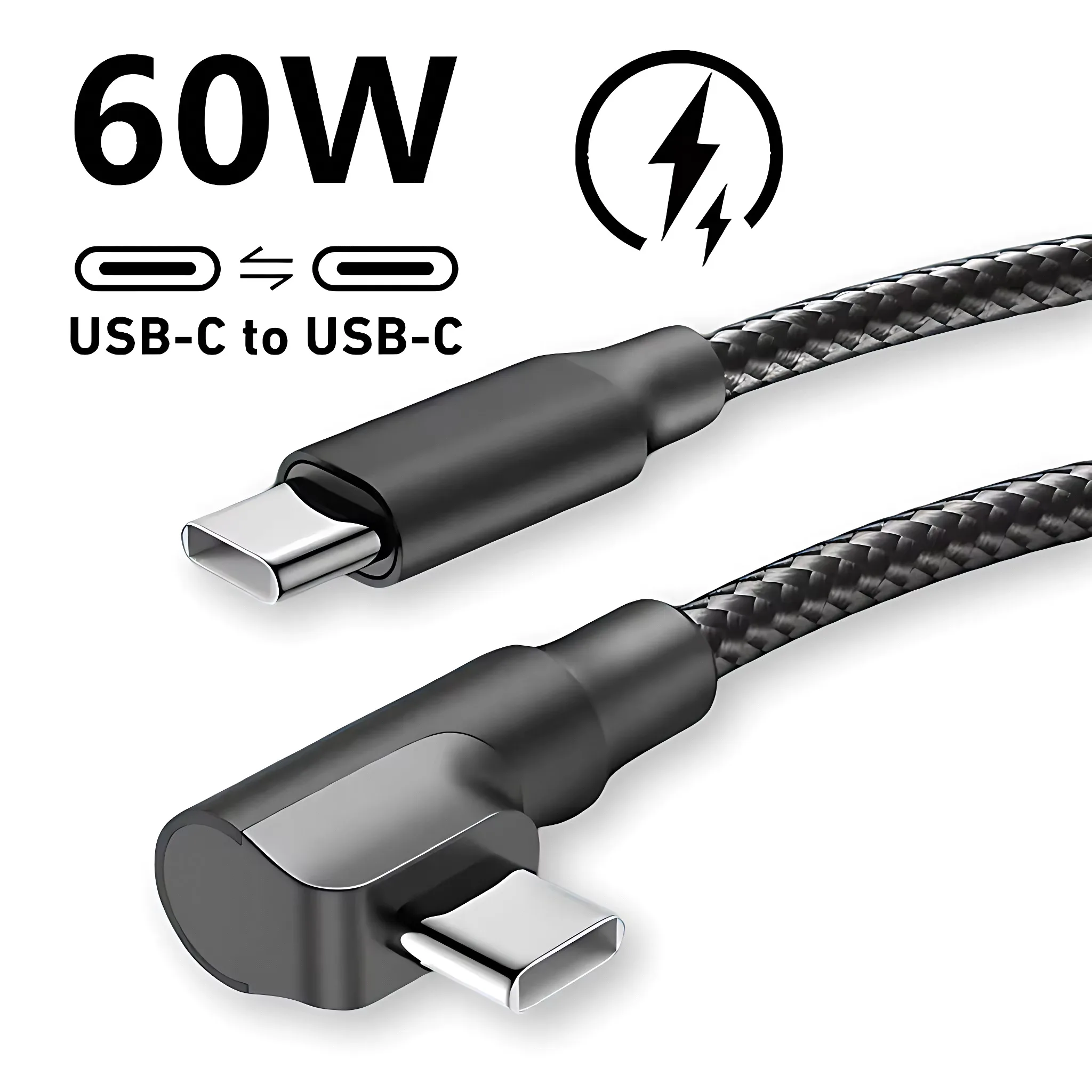 90 Degree Elbow 60W USB C to USB C Fast Charge Cable for iPhone 17 16 15 Pro Max Samsung Xiaomi Redmi POCO Nylon Braided Type C