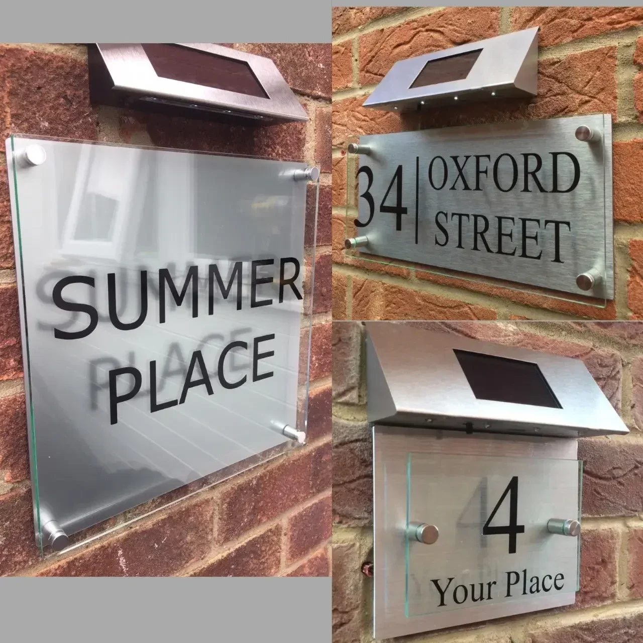 CUSTOMIZED MODERN HOUSE SIGN PLAQUE DOOR NUMBER STREET GLASS ALUMINIUM EFFECT SOLAR LED